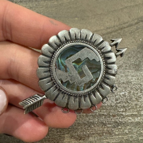 Vintage Signed 925 Sterling Silver Mexico Abalone Shell Arrows Tribal Pin/Brooch - Picture 7 of 9